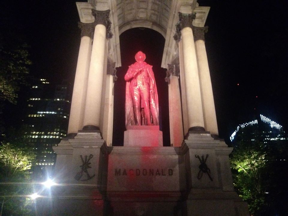 Maisonneuve and Macdonald Monuments vandalized: Anti-colonial artists and activists denounce British and French colonialism and genocide